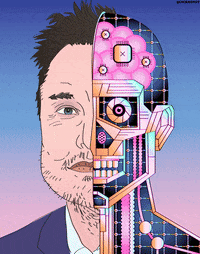 Digital art gif. Elon Musk's face is split in half, with one half being a human face and the other half being a cyborg with flashing neon gradients coursing through it.
