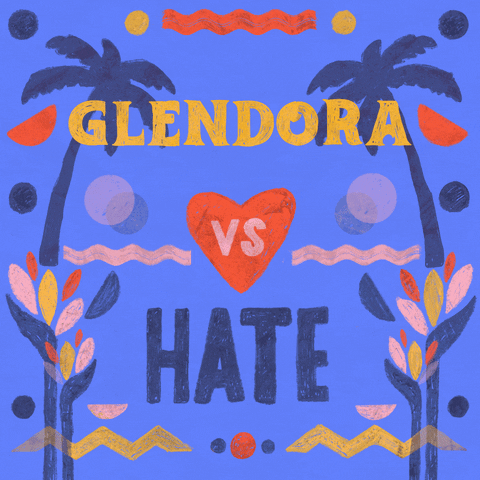 Digital art gif. Graphic painting of palm trees and rippling waves, the message "Glendora vs hate," vs in a beating heart, hate crossed out.