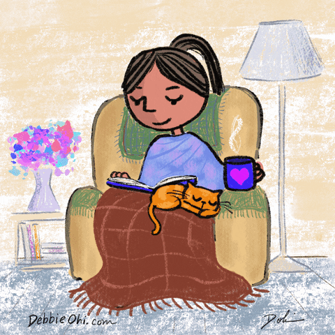 Illustrated gif. Woman sits in an easy chair with a steaming cup of tea, reading a book as an orange cat snoozes on the blanket that covers her lap.