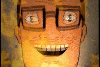 TV gif. A close up of Hank from King of the Hill as he cackles evilly. The gif has been edited to overlay lapping flames in front of his face with an extreme close up to show his bulging, crazy eyes.