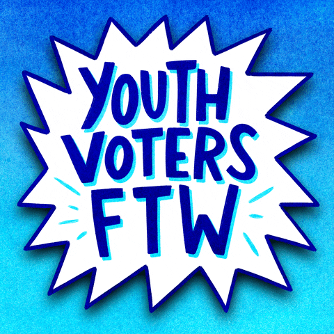Text gif. White dodecagram bearing cobalt and cyan marker font letters with neon action marks flexes and dances on a tie-dye blue background. Text, "Youth voters FTW."