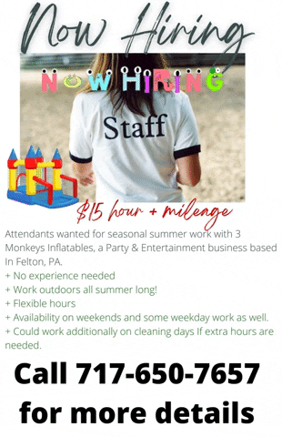 3MonkeysInflatablesOfficial giphygifmaker now hiring york pa now hiring felton pa GIF