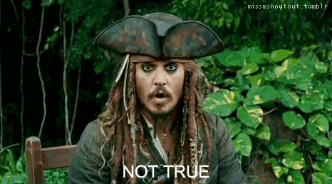 Movie gif. Johnny Depp as Jack Sparrow in Pirates of The Caribbean sits in a wooden chair in the middle of the jungle. He looks at us, shaking his head, furrows his brows, and wags his fingers at us as he says, “Not true, of course not.”
