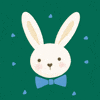 Digital art gif. White bunny with a blue bow tie tilts back and forth with blue hearts around it.