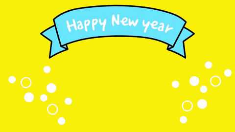 Illustrated gif. Smiling bee with teal wings flashes on a bright yellow background beneath a banner that reads, "Happy New Year."