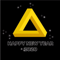 Digital art gif. A yellow infinity triangle sits on a solid black background, surrounded by sparkles. Text, "Happy New Year 2020", with an image of a shooting star below it.