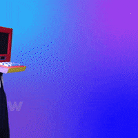 Video gif. Woman wearing a cardboard computer on her head walks by in a stiff way, arms fixed at her sides, pausing to look at us before walking away off screen against a blue-purple gradient background. Text, "Greetings, Human!'