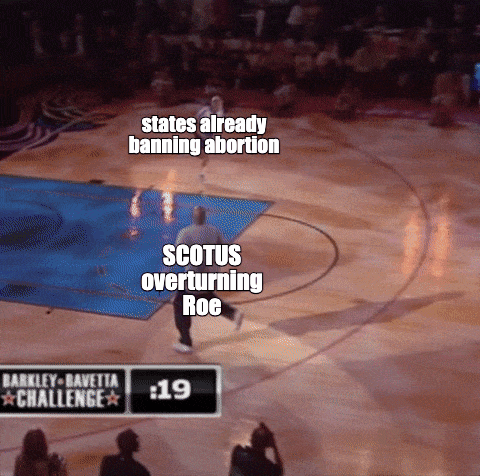 Meme gif. Charles Barkley backpedals furiously on a basketball court, being chased by another man, before dramatically falling over onto his back, arms and legs splayed, the other man falling first. Barkley is labeled "S-C-O-T-U-S overturning Roe," while the other man is labeled "States already banning abortion."