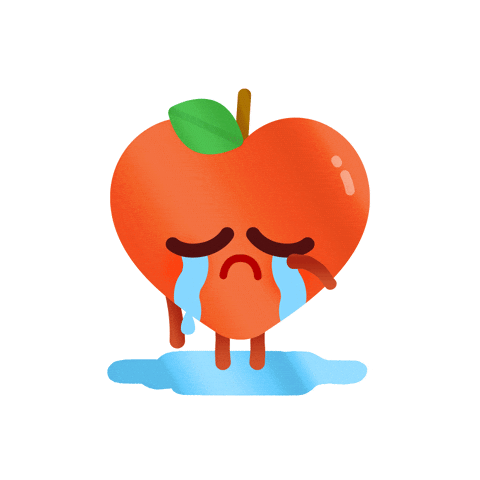 Digital art gif. Orange in the shape of a heart is sobbing and it stands in a puddle of its tears. It wipes its face with one hand.