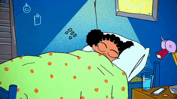 Cartoon gif. A girl is tucked in bed, sound asleep. Zs pop up and poof away over her head like she’s snoring. 