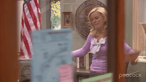 Parks and Recreation gif. We looks at Amy Poehler as Leslie Knope through a window to her office. She stands behind her desk fanning the sides of her body with two manila files. She looks up and stops fanning. She smiles at us out of embarrassment, 