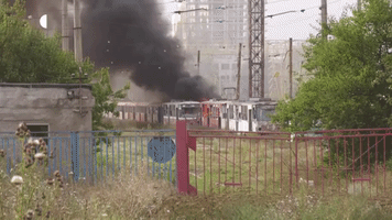 Tram Depot in Kharkiv Burns Following Russian Strikes