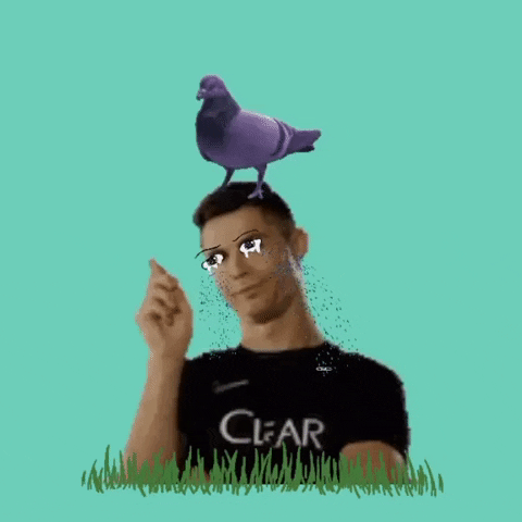 Digital illustration gif. Cristiano Ronaldo shakes his head and wags a finger as a pigeon does a little jig on his head against a green background. His eyes are overlayed with cartoonish digital eyes welling up with tears. 