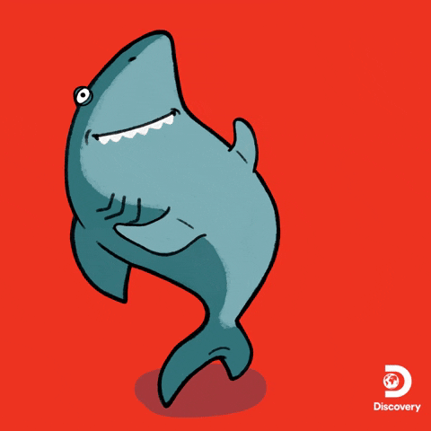 Illustrated gif. A shark leans back and rubs its belly, crying while laughing. Text, "ha ha ha," and Discovery Channel logo in right corner.