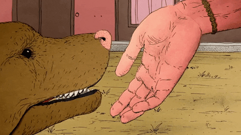 Illustrated gif. Eerie, uncanny-looking dog opens its mouth and unfurls its tongue, licking a person's hand.