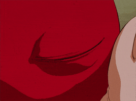 Anime gif. Guts from Berserk looks down as he holds a red creature that opens a large blue eye and stares right at him. Guts flinches in shock.