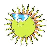 Sticker gif. A sun with wavy heat waves, wearing big sporty 80s sunglasses, looks from one side to the other, sweating.