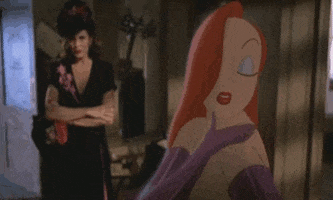 Cartoon gif. Jessica Rabbit, dressed in her signature purple gloves, blows a kiss, which turns into a set of animated red lips.