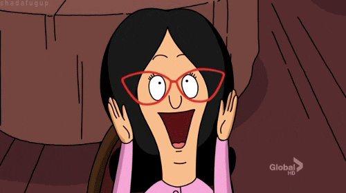 TV gif. Linda Belcher from Bob's Burgers is positively dazzled as she looks up offscreen and waves her hands around excitedly.