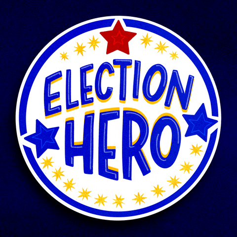 Digital art gif. Round white and blue sticker featuring blue, yellow, and red stars against a dark blue background reads, “Election hero.”