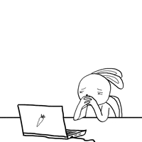 Illustrated gif. A pen-and-ink cartoon rabbit sits with elbows on the table, hands in front of their mouth, staring at an open laptop with perturbed concern.