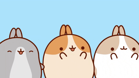 Kawaii gif. Three round puppy-like creatures cheering and clapping.