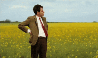 Meme gif. Rowan Atkinson as Mr. Bean standing in an empty field, hands on his hips, looking at his watch and scratching his head.