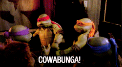 Movie gif. The four Ninja Turtles from Teenage Mutant Ninja Turtles all cheer together and high five while shouting, "Cowabunga!"