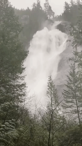 Provincial Park Waterfall Swells Amid Rainfall Warning in British Columbia