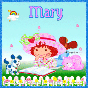 Digital art gif. Whimsical, glittering image of Strawberry Shortcake reading a book in a grassy green field alongside Pupcake the dog and Custard the cat, pink butterflies fluttering in the sky. Text reads, "Mary."