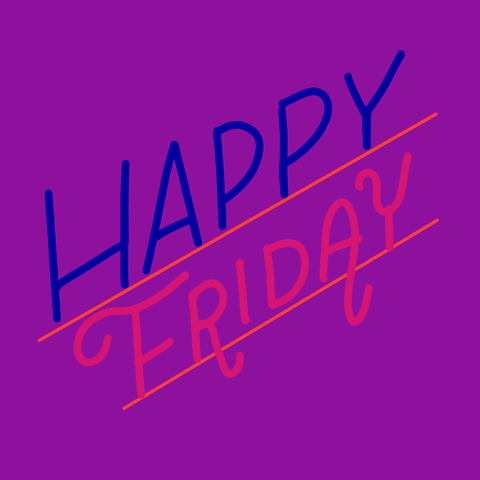 Text gif. Diagonal blue and pink script bobs cheerfully on a purple background. Text, "Happy Friday."