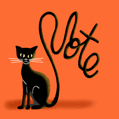 Illustrated gif. Slender black cat with stick-straight whiskers blinks at us, on a Halloween orange background, their unworldly long tail twisted a cursive message that reads, "Vote."