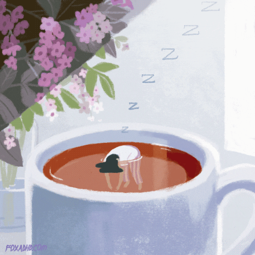 Digital illustration gif. Woman with black hair and a white shirt is face down and bobbing up and down inside of a mug of coffee as Zs fly out of her mouth. A pink flower bush appears in the background. 