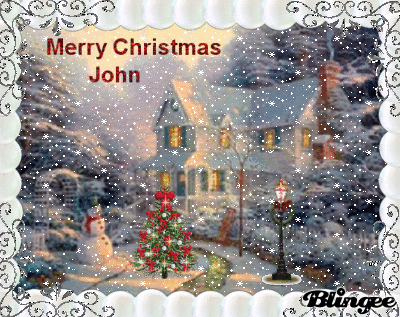 Digital art gif. Thomas Kincaid-esque scene of a home surrounded by snow-covered pine trees, a curving path, sparkling streetlamp and Christmas tree, and snowman. Text, "Merry Christmas John."
