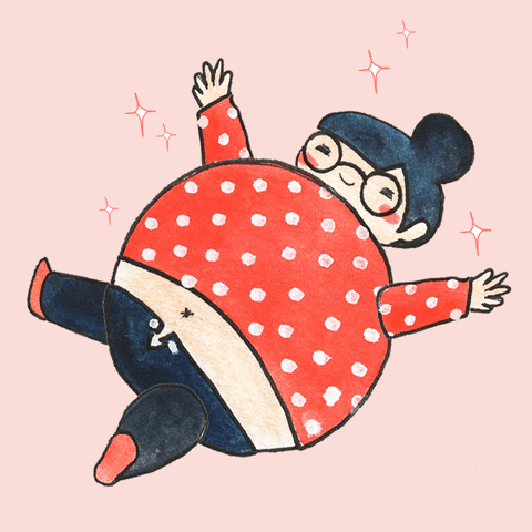 Digital art gif. A large bellied woman with a red polka dot shirt and pants that won't buckle struggles as her midriff shows.