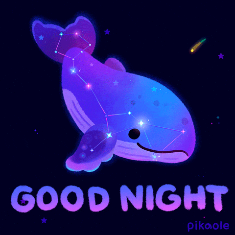 Animated graphic gif. Constellation has been turned into a smiling blue-ish humpback whale swimming through a dark purple sky with a few shooting stars streaming across the frame. Text, "Good night."