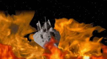 Video art gif. Space ship rapidly spins in circles amidst wild burning flames in outer space.