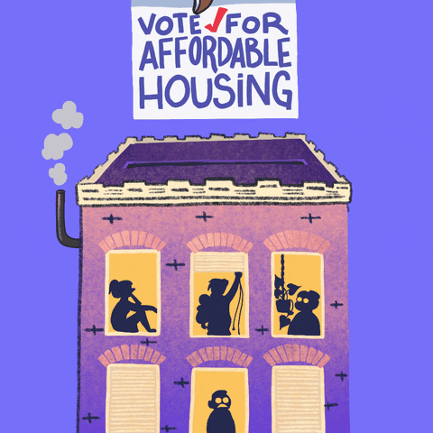 Digital art gif. Ballot box against a blue background decorated as a multi-family complex with six windows, including four that display silhouettes of people. A vent puffs steam out the side as a hand places a ballot in the top of the box that reads, “Vote for affordable housing.”