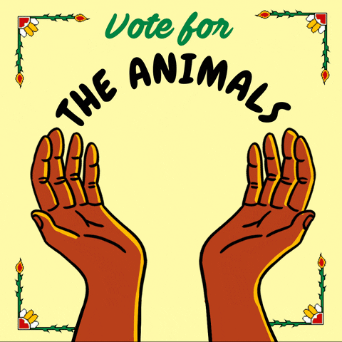 Illustrated gif. Brown hands stretched upward on a yellow background, cradling a wave, a tree, a bison, the Earth, all framed by floral carvings. Text, "Vote for the waters, the land, the animals, the Earth."