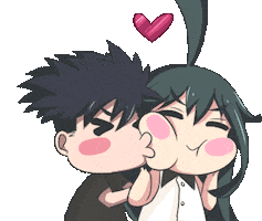 Sticker gif. Illustrated anime couple in love. The boy is holds the girl and kisses her on the cheek and both their eyes are closed in happiness. Her chubby cheek squishes with the contact and a red heart appears above them.