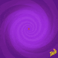Ad gif. Takis that spell out OMG swipe onscreen before a fireball erupts and blows away on a pinwheeling purple background.