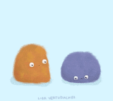 Cartoon gif. An orange puff with white eyes looks at a purple puff with glossy, downcast eyes. Orange puff hops over and goes in for a tight hug with purple puff who responds with a slight smile.