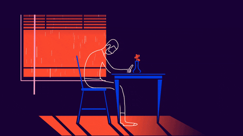 Digital art gif. Sad man bows his head over a table as a petal falls from the flower before him. In the background, rain falls continuously outside the window.