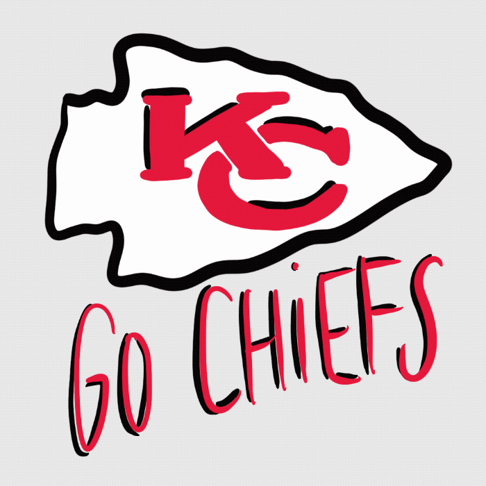 Illustrated gif. The Kansas City Chiefs logo bounces up and down energetically above text that reads "Go Chiefs" against a beige background.