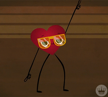 Illustrated gif. An anthropomorphic heart with groovy, oversized glasses dances The Disco Finger back and forth with confidence.