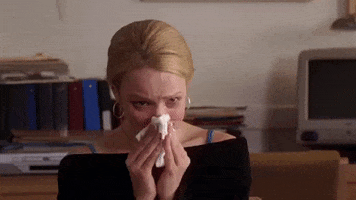 Movie gif. Rachel McAdams as Regina George in Mean Girls holds a tissue to her nose, appearing tearful, and then flips her hands and shakes her head as if to say, "I don't know."
