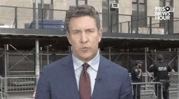 TV gif. PBS NewsHour reporter William Brangham delivers a live on-the-ground report outside of the New York courthouse where former President Trump was convicted. Brangham recounts an incident from inside the courtroom and says "When they kept saying 'guilty, guilty, guilty,' the former president was just staring straight ahead." 