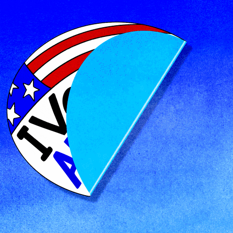 Digital art gif. Oval-shaped sticker adheres to a blue background, featuring the American flag and text, "I voted for abortion rights," in blue and black font.