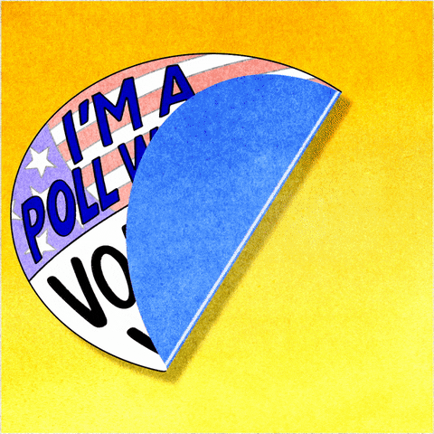 Digital art gif. Circle-shaped sticker decorated with an American flag adheres to a yellow background, featuring capitalized text that reads, “I’m a poll worker. Volunteer with me.”