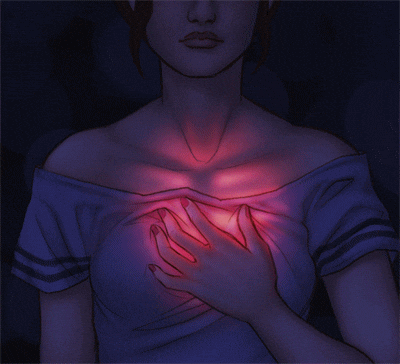 Illustrated gif. A woman stands still in the dark. She  holds her hand on her heart. Her chest glows warmly as her heart beats. 